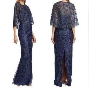 Marchesa Notte Embellished Sequin Column Gown with Cape